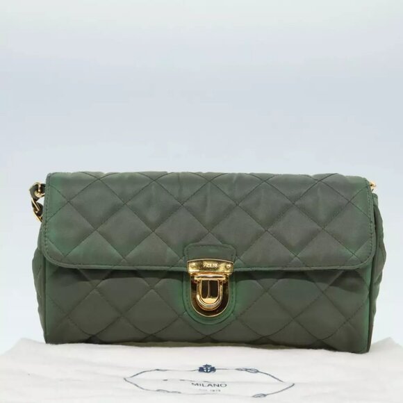 PRADA Chain Quilted Shoulder Bag Nylon Khaki Gold Auth 90227 - Picture 12 of 15